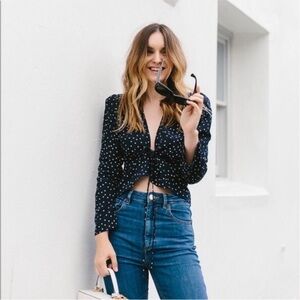 Realisation Par Navy Polka Dot Tie-Front Blouse